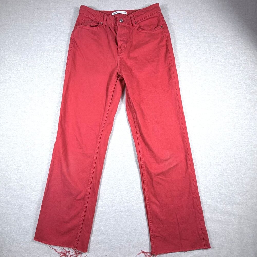 ZARA Bright Red Jeans High Rise Straight Leg Size 4 Button Fly Mom Style Classy